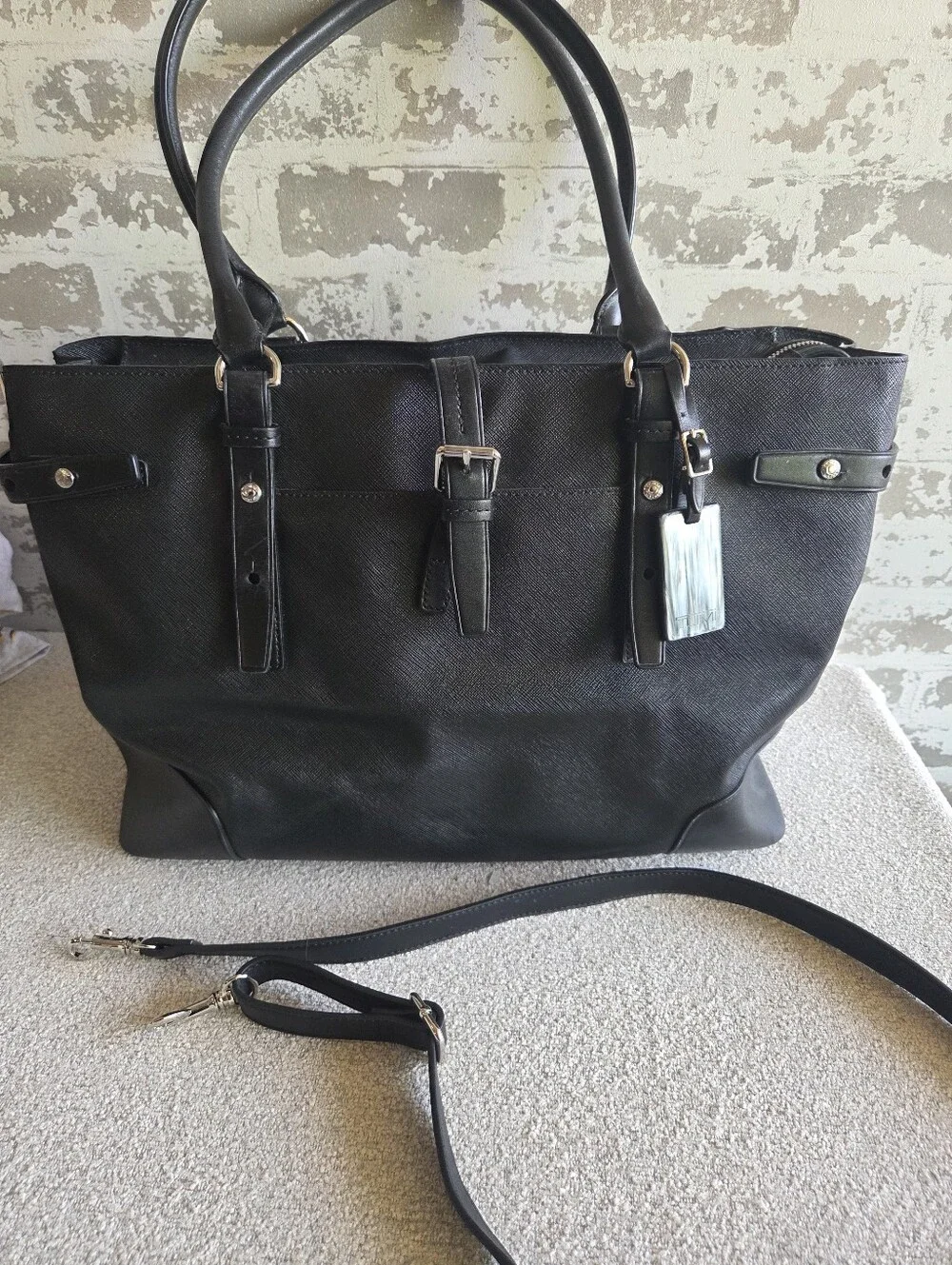 TUMI Villa Saffiano Coated Canvas Laptop Tote Bag Crossbody Strap & Sleeve